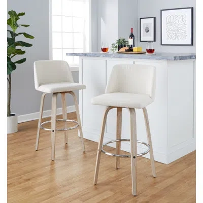Lumisource Toriano 30" Contemporary Fixed-height Barstool With Swivel In Whitewashed Wood And Cream Noise Fabri In Neutral