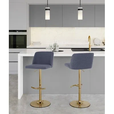 Lumisource Toriano Contemporary Adjustable Barstool With Swivel In Grey Fabric And Gold Metal With Rounded T Fo In Blue
