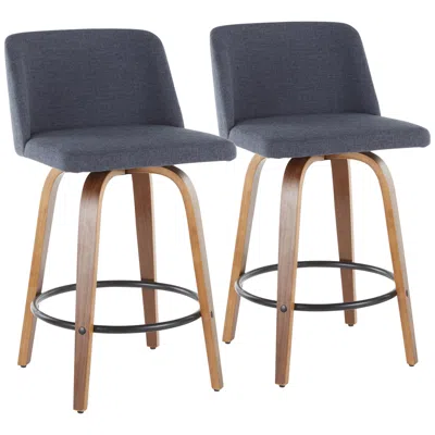 Lumisource Toriano Counter Stool In Walnut And Blue Fabric By  Pair
