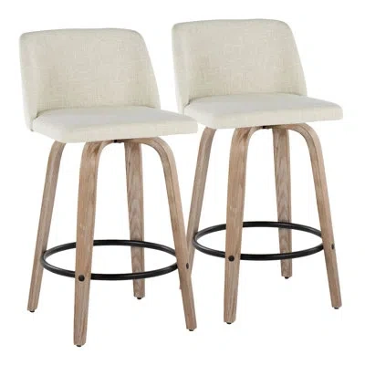 Lumisource Toriano Mid-century Modern Fixed-height Counter Stool With Swivel In Wood And Fabric With Round Chro In Cream,white Washed,black