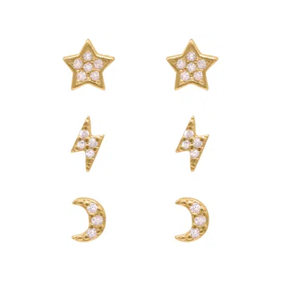 Luna Charles Women's Gold Miku Lightning, Moon & Star Stud Earrings Set