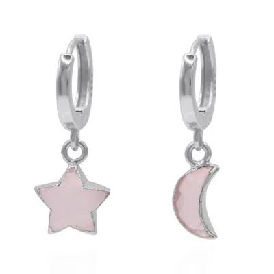 Luna Charles Women's Pink / Silver Joni Rose Quartz Star & Moon Charm Huggies In Multi