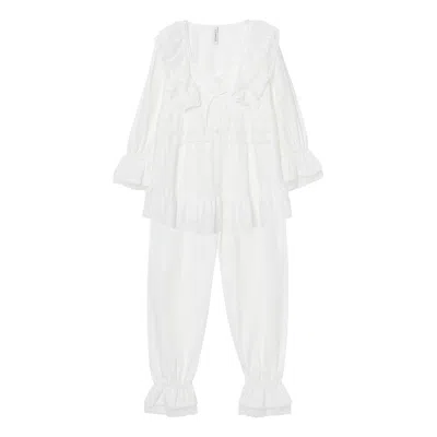Lunaluz White Angelring Cotton Embroidered Square-neck Long-sleeve Pajama Set In Multi