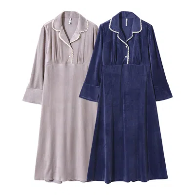 Lunaluz Women's Blue / Grey Ronique Minky Span Long-sleeve Collar Dress Two Colors In Gray