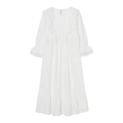 Lunaluz Women's White Angelring Cotton Square-neck Long-sleeve Nightdress