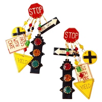 Pre-owned Lunch At The Ritz 1980s "signals" Enameled Statement Dangle Earrings By  In Multi