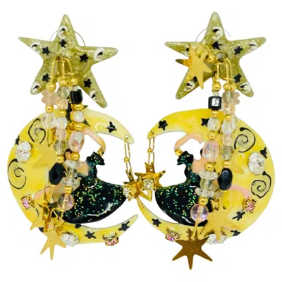 Pre-owned Lunch At The Ritz '88 Signed Vintage Gold Tone Enamel Dancer Designer Earrings In Multi