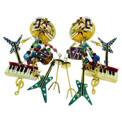 Pre-owned Lunch At The Ritz '89 Signed Vintage Gold Tone Enamel Music Designer Earrings In Multi