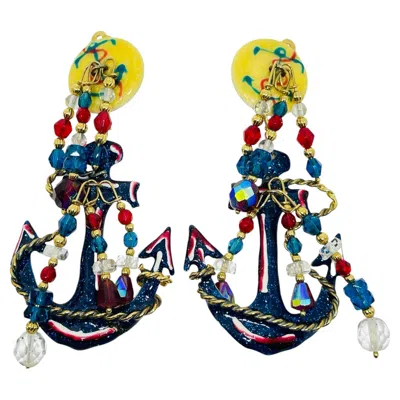 Pre-owned Lunch At The Ritz '89 Signed Vintage Gold Tone Enamel Nautical Designer Earrings In Multi