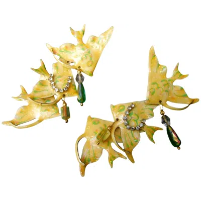 Pre-owned Lunch At The Ritz Dangling Enamel Articulated Fish Theme Earrings C 1980s In Sand