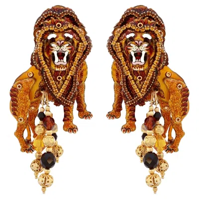 Pre-owned Lunch At The Ritz Enamel Marionette "wild Cats" Lion Statement Earrings By  In Multi