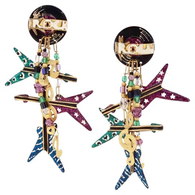Pre-owned Lunch At The Ritz Enamel "rock & Roll" Dangle Statement Earrings By , 1980s In Multi