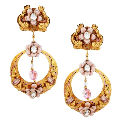 Pre-owned Lunch At The Ritz Ornate Pink Rose Drop Hoop Earrings By , 1980s In Red