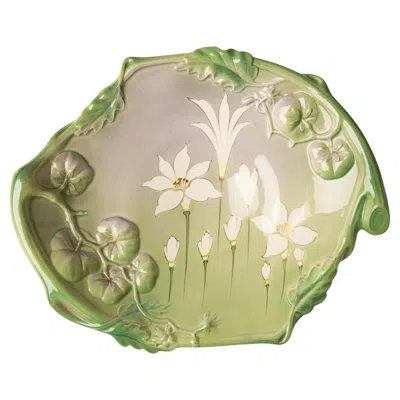 Pre-owned Luneville Freres Art Nouveau Plate By , Beige & Green Daffodil In Yellow