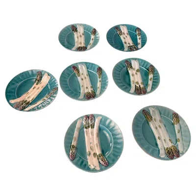 Pre-owned Luneville Freres Set Of Seven French Majolica Depose Kg Luneville Asparagus Plates In Gray