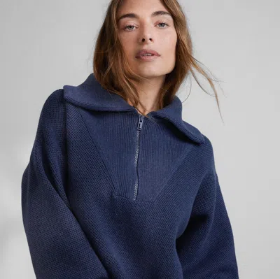 Lunya Cozy Cotton Silk Collared Half Zip In Deep Blue Heather