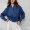 Lunya Cozy Cotton Silk Pocket Henley In Lake Blue Marl