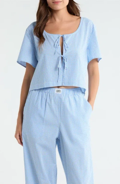 Lunya Gingham Tie Front Cotton Sleep Top In Blue