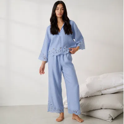 Lunya Linen Embroidered Eyelet Pant In Blue