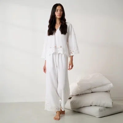 Lunya Linen Embroidered Eyelet Pant In White