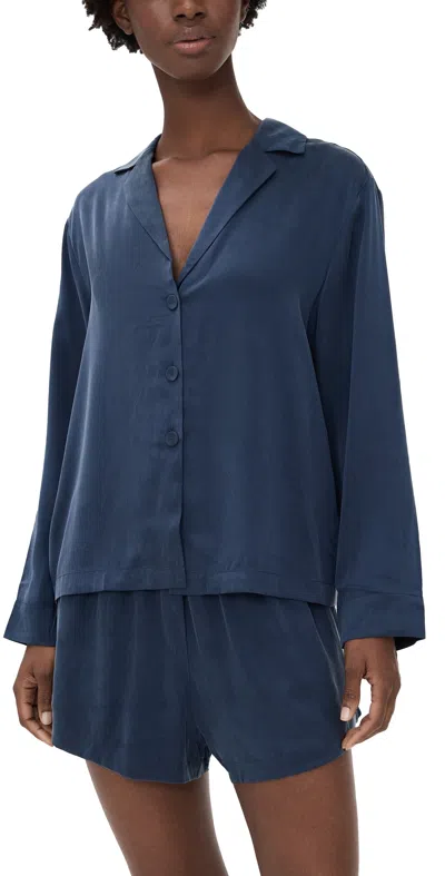LUNYA LONG SLEEVE SILK BUTTON UP SHORTS SET DEEP BLUE