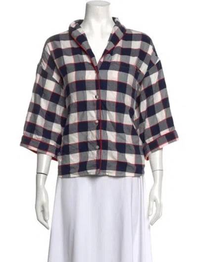 Pre-owned Lunya Plaid Print Three-quarter Sleeve Button-up Top In Multicolor