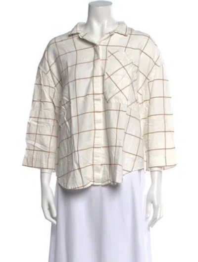 Pre-owned Lunya Plaid Print Three-quarter Sleeve Button-up Top In White