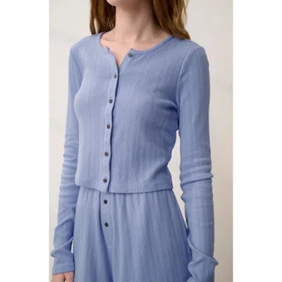 Lunya Pointelle Crew Neck Cardigan In Blue