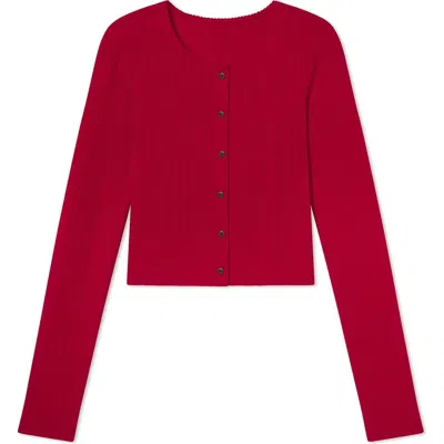 Lunya Pointelle Crew Neck Cardigan In Red