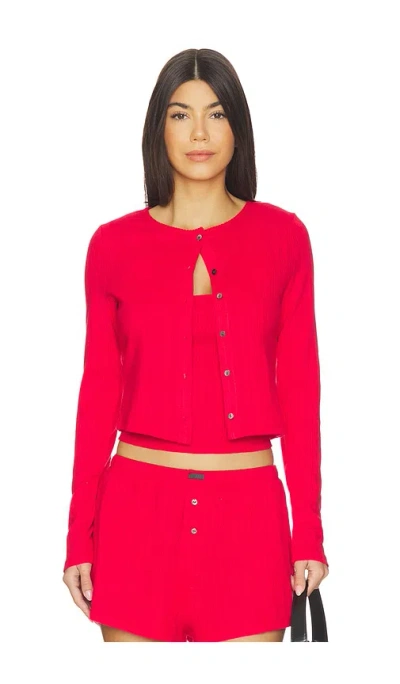 Lunya Pointelle Crew Neck Cardigan In Camellia Red