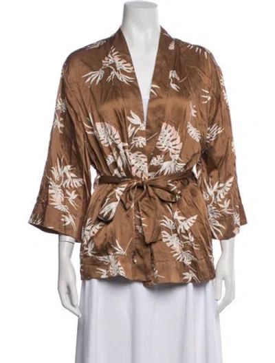 Pre-owned Lunya Silk Floral Print Robe In Brown