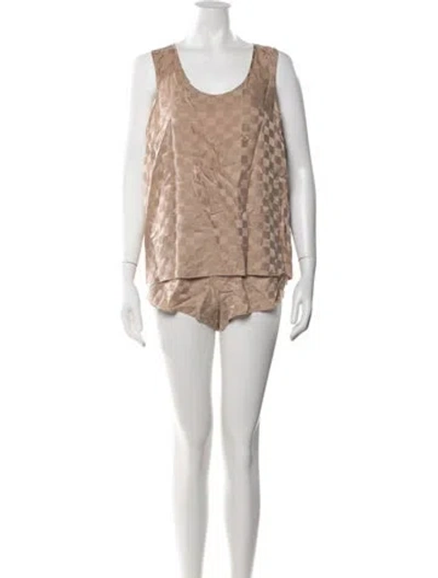Pre-owned Lunya Silk Plaid Print Short Set In Neutral