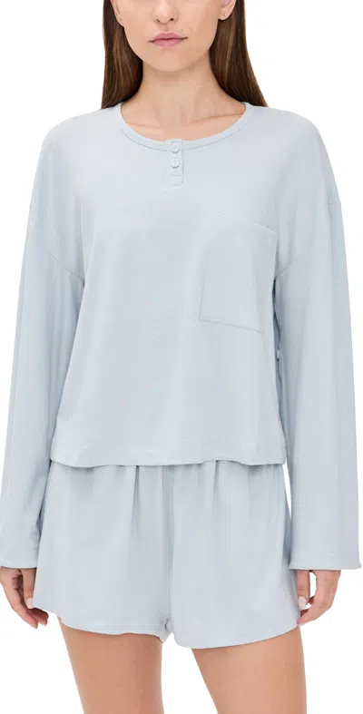 Lunya Slumber Knit Long Sleeve Henley Shorts Set Tranquil Blue