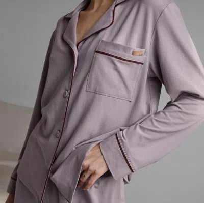Lunya Slumberknit Essential Button Down Pant Set In Dawning Mist/fresco Burgundy