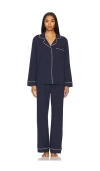 Lunya Slumberknit Essential Button Down Pant Set In Deep Blue & Swan White