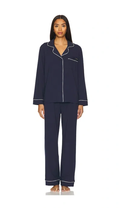 Lunya Slumberknit Essential Button Down Pant Set In Deep Blue & Swan White