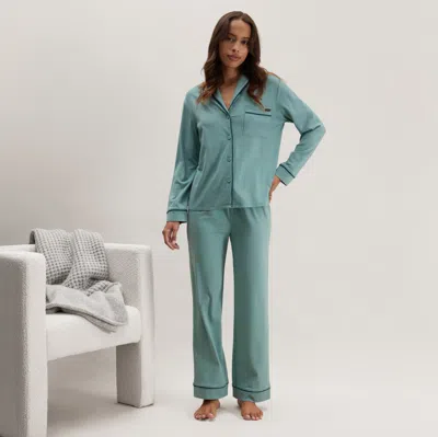 Lunya Slumberknit Shawl Collar Button Down Pant Set In Multi
