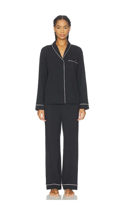 Lunya Slumberknit Shawl Collar Button Down Pant Set In Black