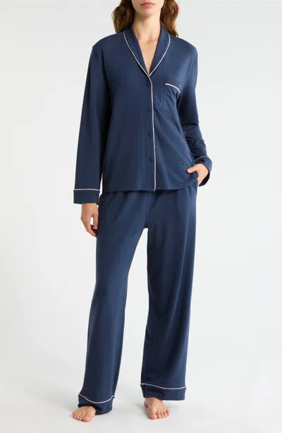 Lunya Slumberknit Shawl Collar Button Down Pant Set In Blue
