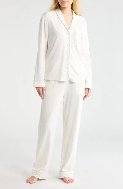 Lunya Slumberknit Shawl Collar Button Down Pant Set In White