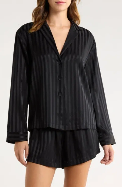 Lunya Stripe Washable Silk Button-up Short Pajamas In Black