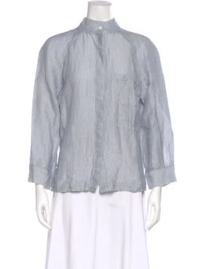 Pre-owned Lunya Striped Three-quarter Sleeve Button-up Top In Blue