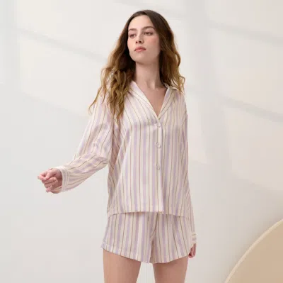 Lunya Washable Silk Button Up Long Sleeve Short Set In Pink