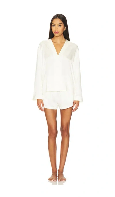 Lunya Washable Silk Button Up Long Sleeve Short Set In White