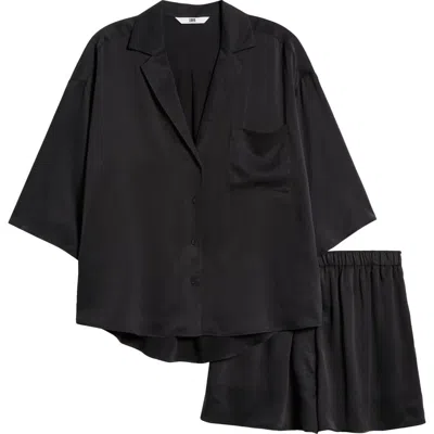 Lunya Washable Silk Button-up Short Pyjamas In Immersed Black