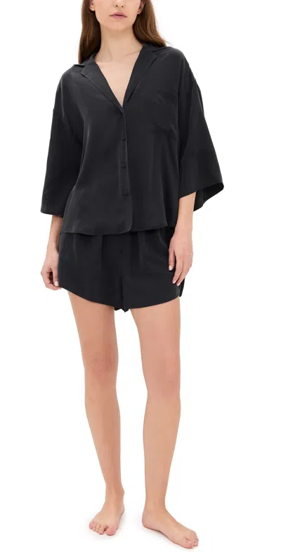Lunya Washable Silk Button Up Short Set Black