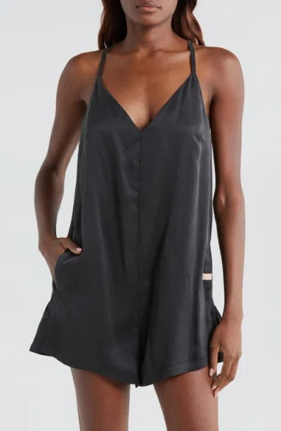 Lunya Washable Silk Pajama Romper In Immersed Black