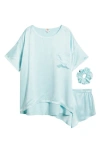 Lunya Women's Stuff Of Dreams Silk Sleep T-shirt, Shorts & Scrunchie Set In Infinity Blue