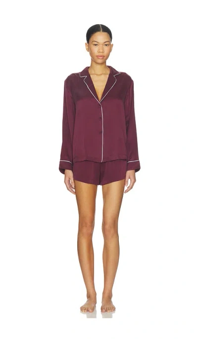 Lunya Washable Silk Piped Button Up Long Sleeve Short Set In Burgundy