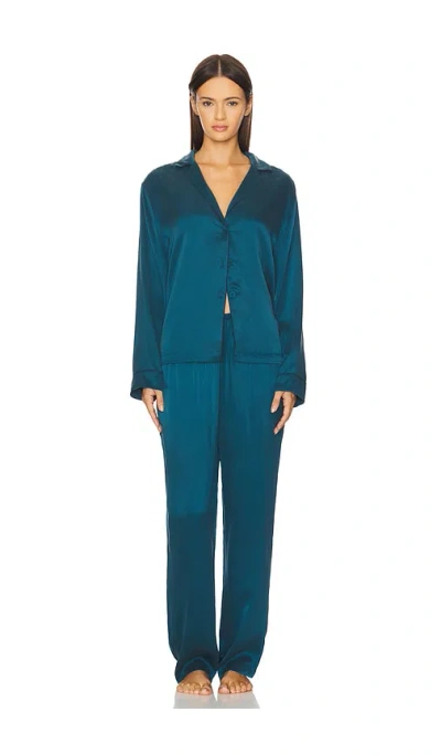 Lunya Washable Silk Piped Long Sleeve Pant Set In Blue